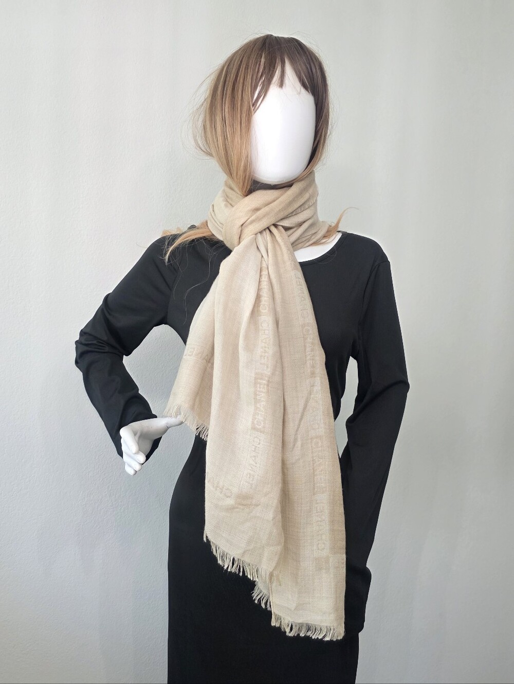 Auth CHANEL Jacquard Logo Cashmere-Silk Fringe Wrap